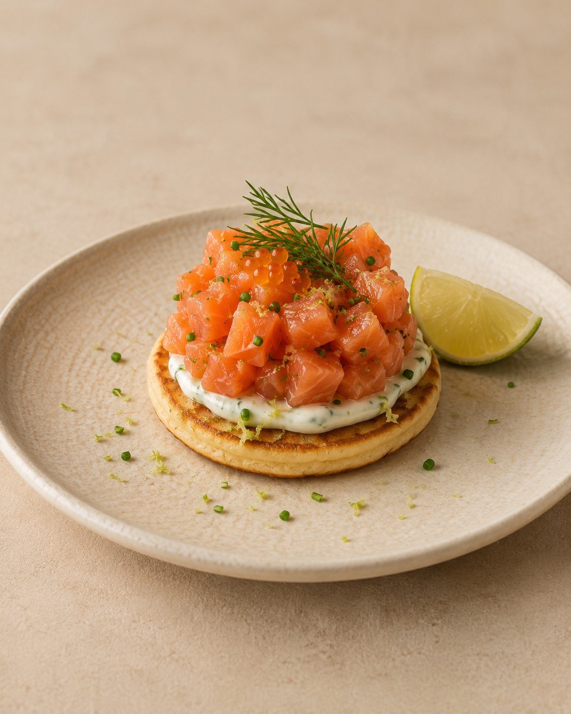 Tartar de salmón sobre blini templado y yogurt de lima